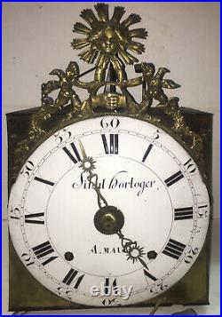 Horloge comtoise 18èm Roi soleil, coqs bronze, cadran cuvette, réveil, verge, bois