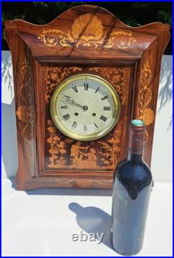 Horlogerie Pendule Murale Marqueterie Charles X Décor Romantique Hauteur 49 Cms