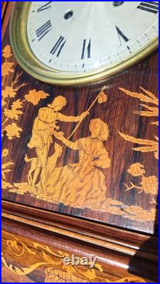 Horlogerie Pendule Murale Marqueterie Charles X Décor Romantique Hauteur 49 Cms