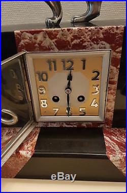Michel Decoux Clock Art Deco Bronze & Marbre 3 Panthers Pendule Pantheres 1930