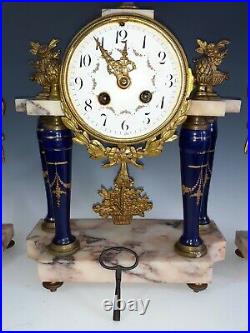 PENDULE BRONZE PORCELAINE BLEU SEVRES MARBRE ep. 19eme clock uhr candlestick