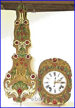 PENDULE COMTOISE avec son RICHE BALANCIER et poids Beau décor de Vignes