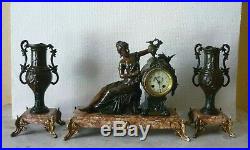 Parure De Cheminee Pendule Statue Cassolettes Regule Marbre French Antique Clock