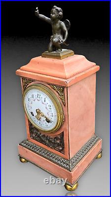 Pendule Borne Marbre Rose Cupidon Bronze Patine Epoque Napoleon III