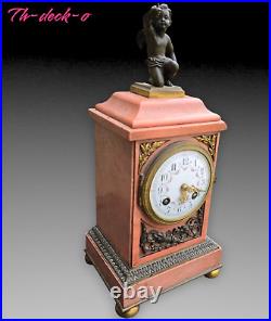 Pendule Borne Marbre Rose Cupidon Bronze Patine Epoque Napoleon III