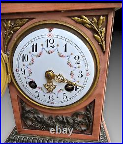 Pendule Borne Marbre Rose Cupidon Bronze Patine Epoque Napoleon III