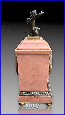 Pendule Borne Marbre Rose Cupidon Bronze Patine Epoque Napoleon III