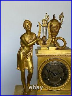 Pendule Bronze Dore Empire Femme Antique A La Lyre Frise XIX Eme Cadran H3349