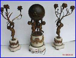 Pendule + Candelabres Bronze Sphere Angelots Style Louis XVI Modele De Bernoux