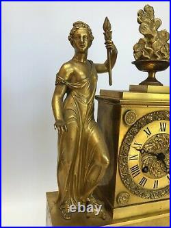 Pendule Empire Femme A L Antique Caducee Ancre Marine 19eme Bronze Dore C2557