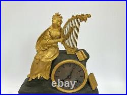 Pendule Epoque Restauration Double Patine Femme Harpe Decor Romantique C2569