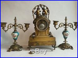 Pendule Horloge Candélabres Bougeoirs Louis XVI Bronze Doré Porcelaine Sevres 19