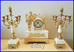 Pendule Horloge & Candelabres Garniture De Cheminee Bronze Dore Empire