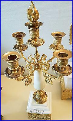 Pendule Horloge & Candelabres Garniture De Cheminee Bronze Dore Empire