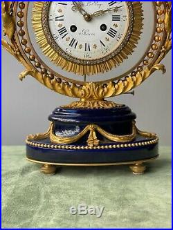Pendule Lyre En Bronze Doré Porcelaine Bleue émail Pierres Du Rhin XIXe siècle