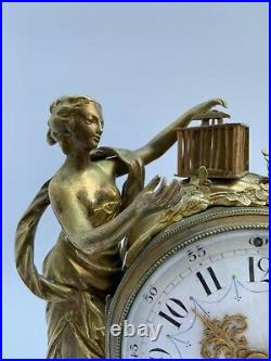 Pendule Napoleon III Decor Femme A La Cage Antique Cadran Email Marbre H2188