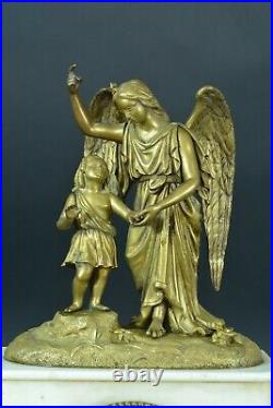 Pendule ancienne en Bronze Enfant Jesus Ange Gardien Albâtre 19ème clock ROBLIN