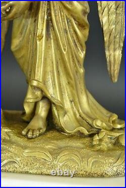Pendule ancienne en Bronze Enfant Jesus Ange Gardien Albâtre 19ème clock ROBLIN