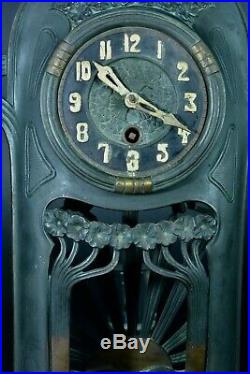Pendule art nouveau Lenzkirch Guimard Majorelle Bronze Soleil ginkgo Bil. Clock