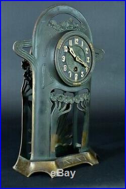 Pendule art nouveau Lenzkirch Guimard Majorelle Bronze Soleil ginkgo Bil. Clock