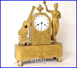 Pendule bronze doré femme vestale papillon guitare Leroy Empire clock XIXè