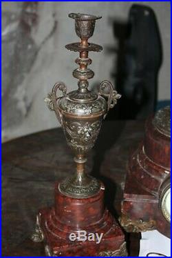 Pendule en bronze et marbre 19eme musicien avec son chien garniture de cheminée