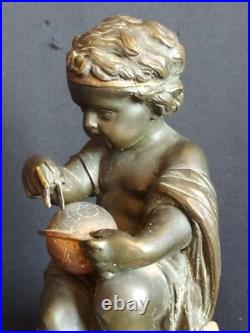 Pendule en marbre rose, forme temple & putti astronome bronze doré/patiné / XIXe