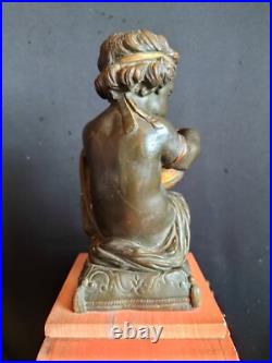 Pendule en marbre rose, forme temple & putti astronome bronze doré/patiné / XIXe