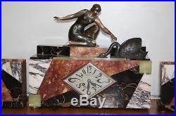 Pendule horloge art déco marbre onyx régule femme cygne cassolette