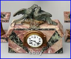 Pendule horloge de cheminée en marbre art déco aux oiseaux bailleul