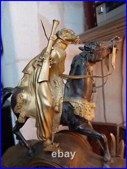 Pendule orientaliste cavalier Turc mamlouk cheval bronze doré restauration XIXe