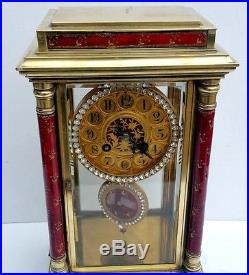 S. Marti Pendule Bronze Email Rouge Strass Argent Clock Regulator Enamel Crystal