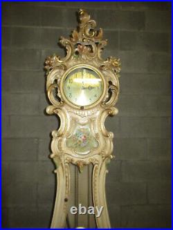 Superbe Ancienne Horloge De Parquet En Bois Peint Et Doré De Style Vénitien