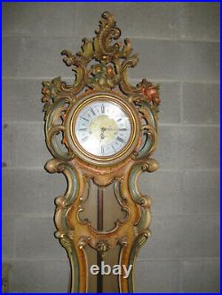 Superbe Ancienne Horloge De Parquet En Bois Peint Et Doré De Style Vénitien