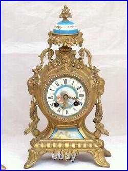 Superbe Pendule Ancienne Régule Doré Plaque Porcelaine SEVRES 19ème Horloge