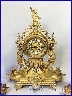 Superbe Pendule / Horloge /garniture De Cheminée En Bronze Doré (dorure Mercure)