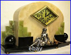Superbe pendule Art Deco marbre onyx bronze french clock set garniture