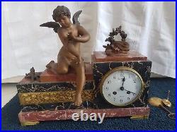 Tb Pendule Art Deco Marbre Griotte Sujet Eros Cupidon Papillon Regule Dore