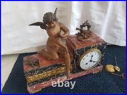 Tb Pendule Art Deco Marbre Griotte Sujet Eros Cupidon Papillon Regule Dore