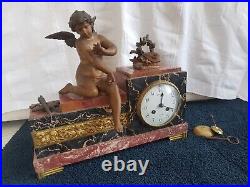 Tb Pendule Art Deco Marbre Griotte Sujet Eros Cupidon Papillon Regule Dore