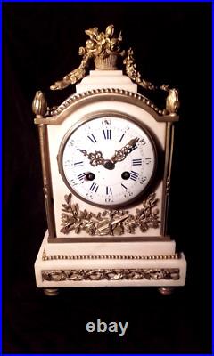 XIX Pendule Bronze Marbre Carrare Louis XVI Musique Mvt Marty