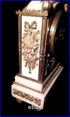 XIX Pendule Bronze Marbre Carrare Louis XVI Musique Mvt Marty
